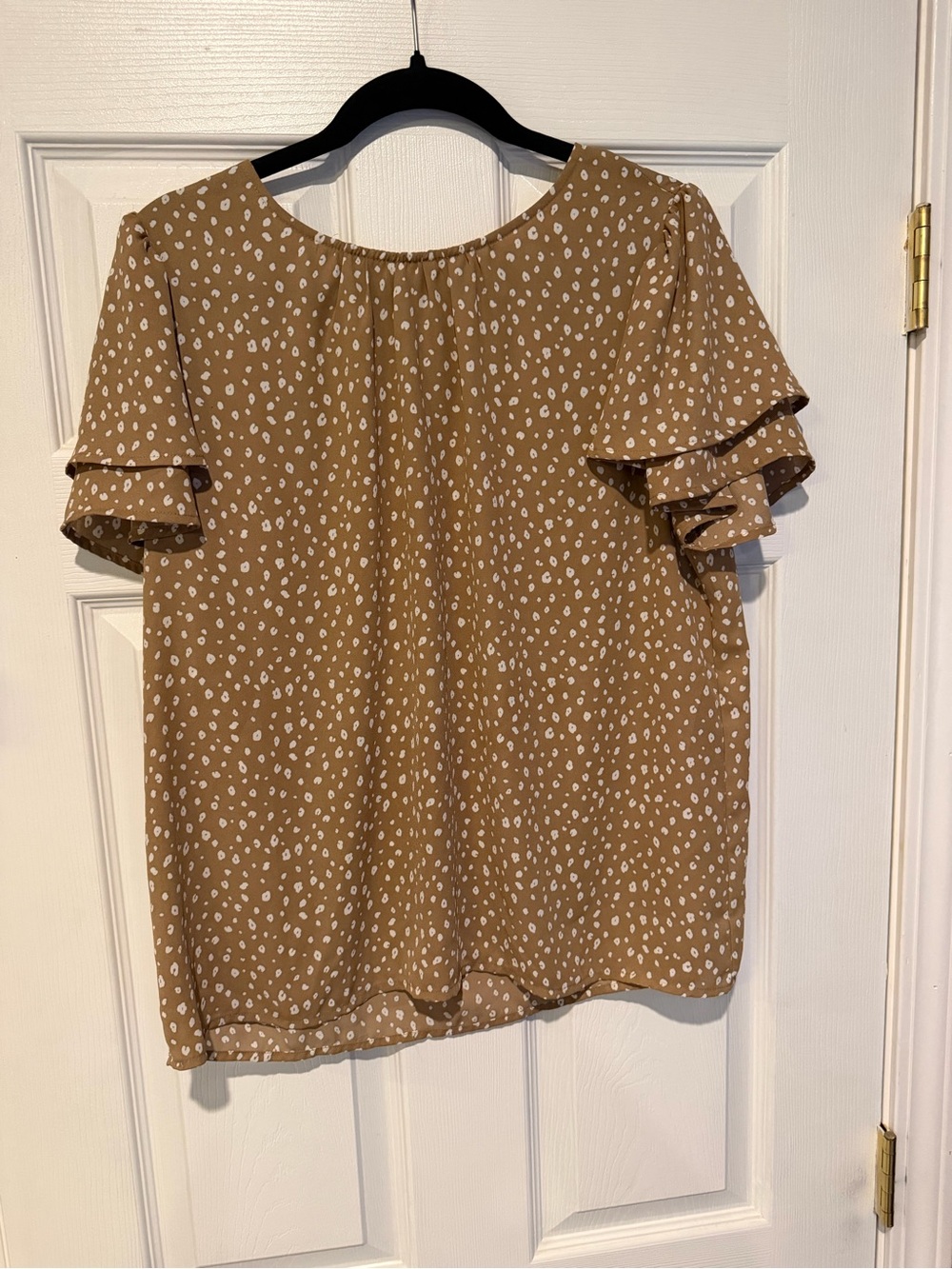 Pleione Tan Dot Flutter Sleeve Blouse